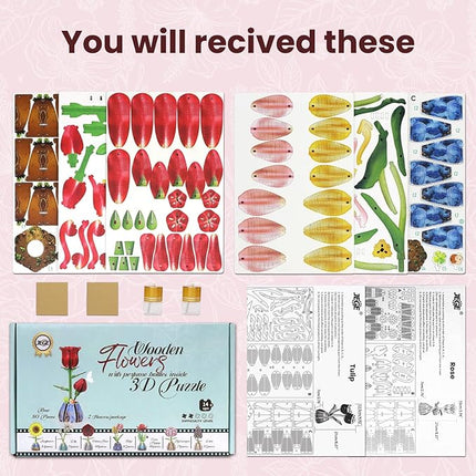 Jege 3D Flowers Wooden Puzzles for Adults,DIY Wooden 2 Flowers per Kit Building Set for Home Decor, Creative Craft Gift Toys Kits with 2 Perfume Bottles and Diffuser Sticks (Rose + Tulip)