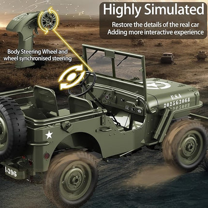 RC Jeep 1/10 Scale Willys Hobby RC Car Off-Road Military Crawler, 2.4Ghz Military Truck 4WD RC Crawler with Light, Tarpaulin, Metal Shaft, 4x4 Off Road Vehicle RTR Jeep Car, 2 Batteries