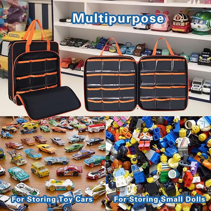 Toy Cars Carrying Case Compatible with Hot Wheels, Portable Car Toy Storage Bag for 1/64 Scale Toy Cars, Matchbox Cars, Dolls, Mini Toys, Storage Bag Only (Orange)