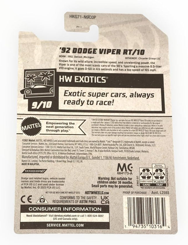 Hot Wheels '92 Dodge Viper RT/10, HW Exotics 9/10 [red] 236/250