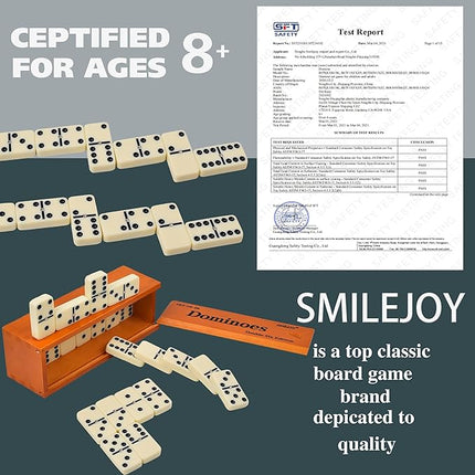 Smilejoy Dominos Set for Adults -Jumbo Size Dominoes Double Six Edition- Classic Board Games- Thick Size Double 6 Domino Set with Deluxe Brown Wood Box, 28 Tiles (2-4 Players)