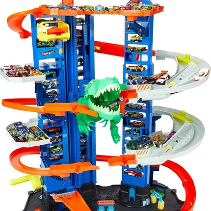 Hot Wheels Ultimate Garage Track Set with 2 Toy Cars, Hot Wheels City Playset with Multi-Level Side-by-Side Racetrack, Moving T-Rex Dino & Storage for 100+ 1:64 Scale Vehicles (Amazon Exclusive)