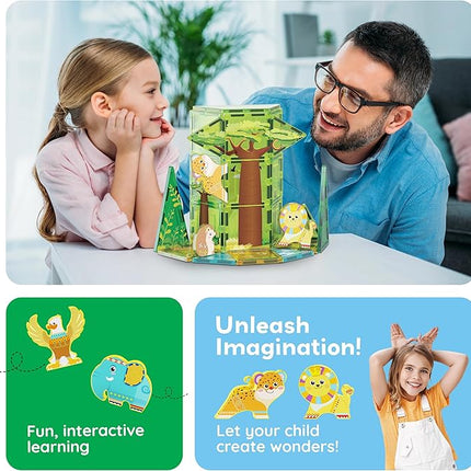 PicassoTiles Magnet Tile Building Block Safari Themed Set with 8 Compatible Magnetized Animal Action Figures Build Blocks Toddler Creativity Toys STEAM Educational Learning Skills Ages 3+ PTQ12