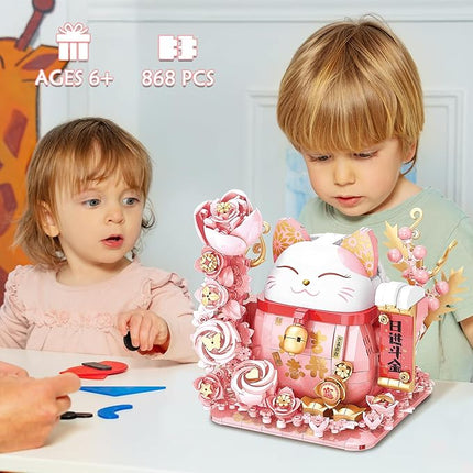 Lucky Cat Building Block Set, Compatible with Lego Cat, 868Pcs Cute Fortune Cat with Flowers Building Blocks, Christmas Birthday Creative Gift for Girls Boys Adult (Pink Cat)