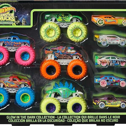 Hot Wheels Toy Monster Trucks 10-Pack of Glow-in-The-Dark 1:64 Scale Vehicles, GITD Set of 5 Trucks & 5 Cars, Play Vehicles for Kids & Collectors