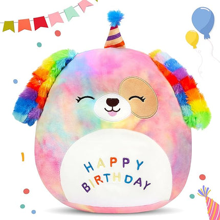 Easfan 12'' Original Rainbow Birthday Dog Plush Pillow Soft Puppy Plush Toy Cute Dog Stuffed Animal Birthday Gifts for Kids Toddlers