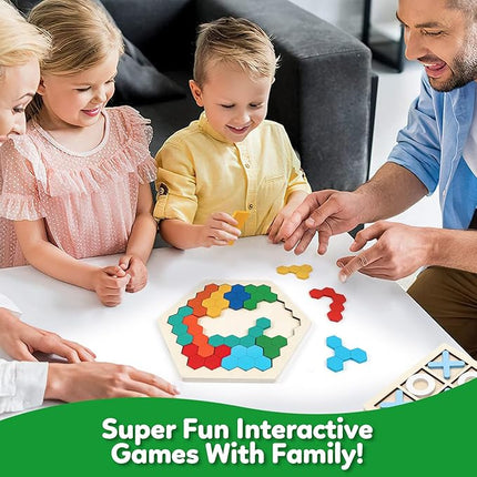 Wooden Puzzles,Geometric Shape Logic Hexagon Puzzle Toys Brain Teasers STEM Montessori Educatioanl IQ Board Games for Kids Boys Girls Ages 3+ (4 Pack)