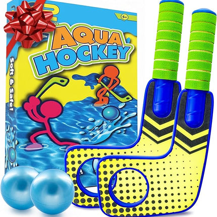 Fun Mini Hockey Sticks Game - Play at the Pool & Beach or in Home - For Kids & Adults All Ages - Use The Floating Soft Paddles to Shoot the Water Skipping Balls - Comes With 2 Sticks & 2 Balls