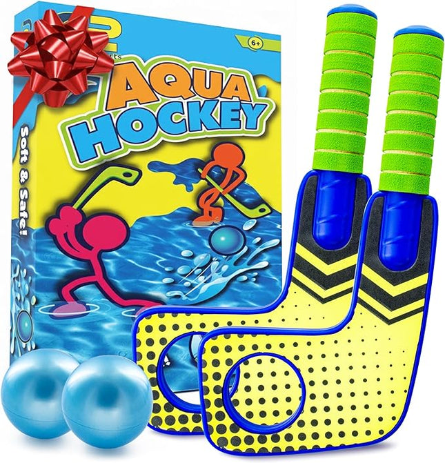 Fun Mini Hockey Sticks Game - Play at the Pool & Beach or in Home - For Kids & Adults All Ages - Use The Floating Soft Paddles to Shoot the Water Skipping Balls - Comes With 2 Sticks & 2 Balls