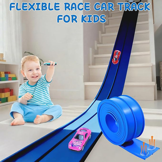 Flexible Race Car Ramp Track for Kids Toy 4 Small Race Cars and 8 Suction Cups Compatible with Hot Wheels and Diecast 1/64th Cars, Rolls Up Portable Racetrack for Ages 3 & Up (Dark Blue)