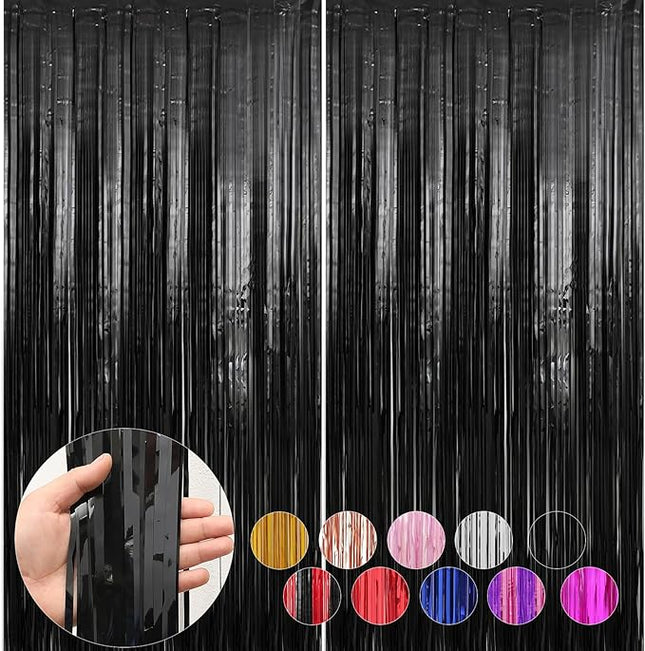2 Pack Black Foil Fringe Curtains Streamers Party Decorations 3.3 x 8.2 ft, Black Tinsel Curtain Fringe Backdrop for Parties, Door Fringe Birthday Streamers, Photo Booth Backdrops, Party Decor