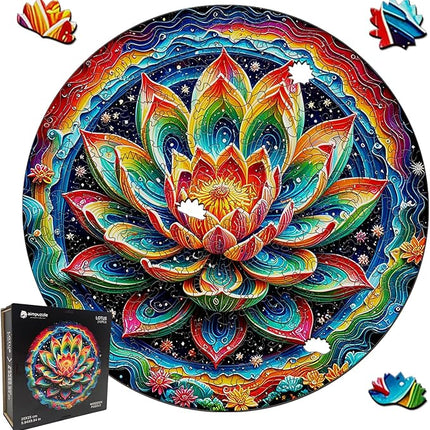 Wooden Puzzle for Adults – Unique Lotus-Shaped, Flower Design Brain Teaser for Kid & Teen, 210 Pieces, 10"x10", Ships as Whole Puzzle Board (No Loose Pieces), Gift-Ready Box, Fun Family Game,