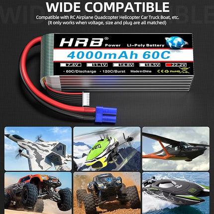 HRB 2pcs 6S Lipo Battery EC5 22.2V 4000mAh 60C RC Lipo Battery Compatible with RC Quadcopter Helicopter Car Truck Boat Hobby