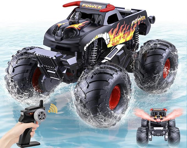 Waterproof Monster Truck Toys 1:16 Amphibious Remote Control Car All Terrain Off-Road Pickup Truck 4WD RC Cars Toys for 8 9 10 11 12 Year Old Boys Gifts (Black)