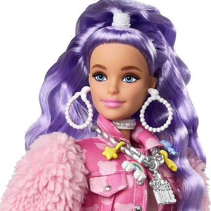 Barbie Extra Doll & Accessories with Long Periwinkle Hair, Teddy Bear-Print Denim Jacket, Matching Shorts & Pet Puppy