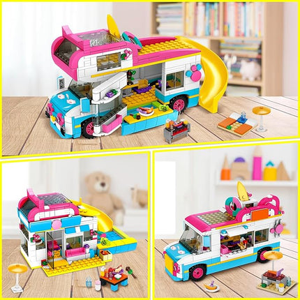 HOGOKIDS 3-in-1 Girls Camper Van Building Set - 494PCS Summer Beach Camping Building Blocks Sets | Food Truck Toys with Slide and Stickers | Easter Gifts for Girls Boys Age 6 7 8 9 10 11 12+