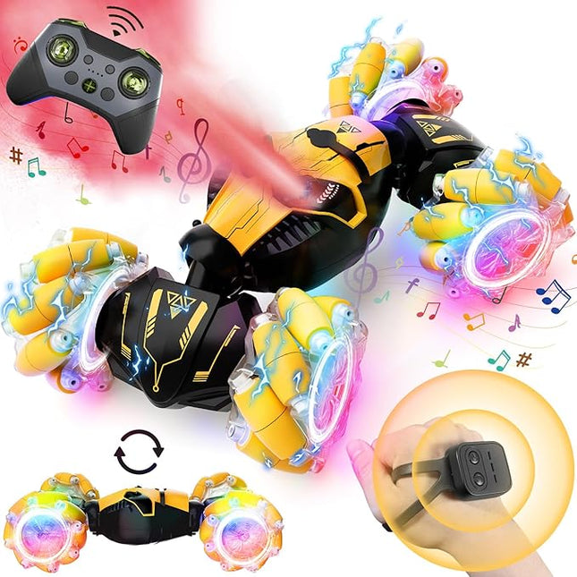 Remote Control Car for Boys 8-12, 4WD Gesture Sensing RC Stunt Car 2.4Ghz with Lights Music Sprayer RC Cars for Boys Age 4-7 8-12 Hand-Controlled Cars Toys Birthday Gifts for Kids Girls Yellow