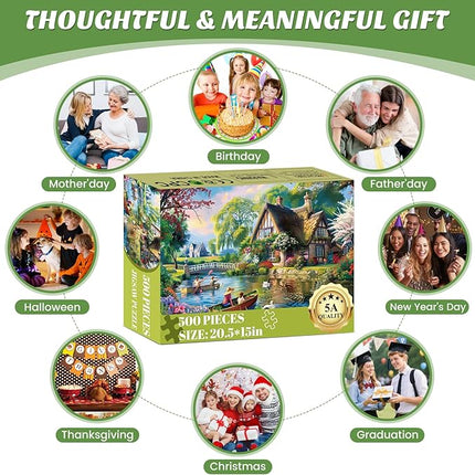 500 Pieces Puzzle for Adults,Waterside Cottage Puzzle,Recycled Cardboard Peaceful Pond Puzzles 500 Pieces,Challenging Game Home Decor Birthday Party Gift Toy for Adults Kids Seniors 20.5 * 15 in