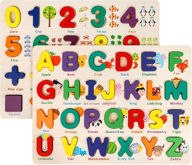 Attmu Alphabet Number Puzzle Wooden Puzzles for Toddlers 3 4 5 Year Old, ABC Puzzle Shape Alphabet Learning Puzzles Toys with Puzzle Board & Letter Blocks Preschool Educational for Girls Boys Set of 2