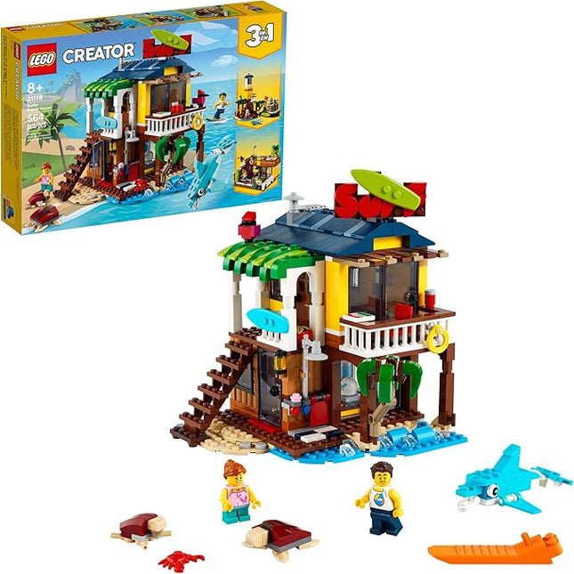 LEGO Creator 3 in 1 Surfer Beach House with 2 Minifigures and Dolphin Figure, Transforms from Surf Shack to Lighthouse to Pool House, Great Building Toy Set for Kids, Girls, and Boys Ages 8+, 31118