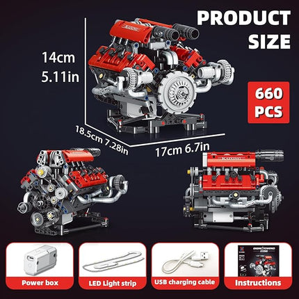 Mini V8 Engine Building Kit That Runs，Engine Building Blocks with LED Light for Adults,Engine Model Set Construction STEM Toy for Kids Boys (660 Pcs)