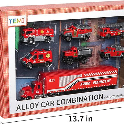 TEMI Diecast Emergency Fire Rescue Vehicle Toy Set w/Play Mat, Truck Carrier,Ambulance, Alloy Metal Fighting Car for 3 4 5 6 Years Old Toddlers Kids Boys and Girls