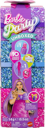 Barbie Party Unboxed Doll & Accessories, Glam Party Series with 10 Surprises Including Color-Change, Pink Sparkle Doll