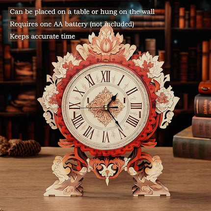 3D Puzzles for Adults Clock-Flame Flower Design Model Kit-Mechanical DIY Pendulum Clock with Roman Numerals-Desk Home Office Decor Personalized Gift for DIY Lovers