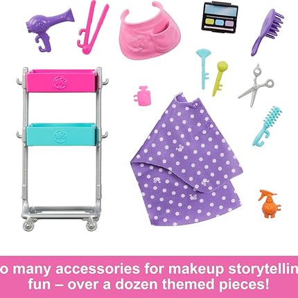 Barbie Stylist Doll & 14 Accessories, Blonde Barbie "Malibu" Fashion Doll On-set with Cart, Smock, Makeup Palette, Pet Puppy & More
