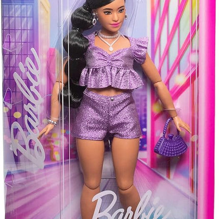 Barbie Deluxe Style Doll #8 in Metallic Purple Top and Sparkly Shorts, Black Hair in Braid, Accessories Like Pearly Jewelry and Handbag