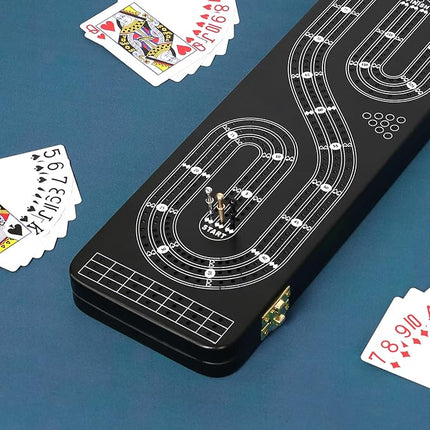 Cribbage Board Game Set 3 Tracks, 2 Storage Area, with 9 Metal Pegs,2 Decks of Playing Cards and Instruction, Wooden Travel Portable Cribbage Game Sets