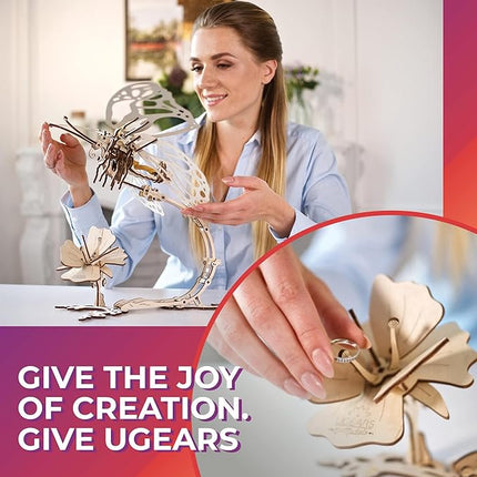 Ugears Wooden 3D Puzzles for Adults - Butterfly Puzzle Mechanical Model Kit - 3D Wood Puzzles Adult Automaton - Kinetic Sculpture Models for Adults to Build Butterfly Kit DIY Miniature Kit - 161 Pcs