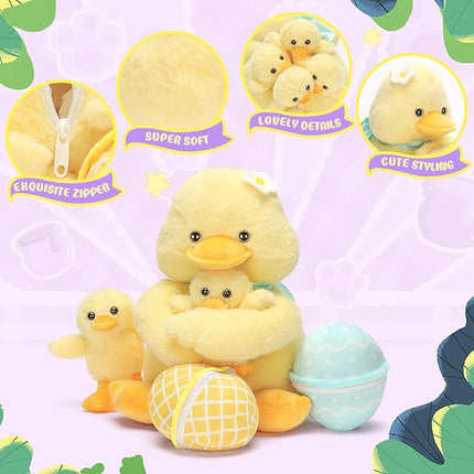 IKASA Mommy Duck Stuffed Animal Mom and Baby Plush Toy, Cute 13.5 inches Soft Small Mama Family Set Cuddly Toy with Little Mini Babies,Gifts for Kids