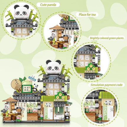 Cute Panda Mini Building Blocks Set, 860PCS MOC Mini Architecture Building Kits with Tea Shop Street View Design - STEM Educational Construction Gift for Girls Boys Kids Adults