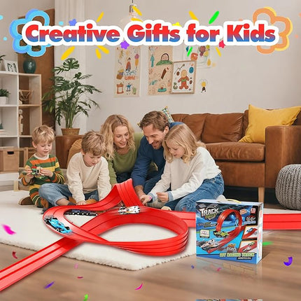 Race Track, Flex Track 12.8 Ft Starter Set, Car Truck Track Compatible with Hot Wheels and Diecast 1/64th Cars, Classic Long Roll Up Race Track with 4 Cars and 12 Suckers, Gifts for Kids Toddlers