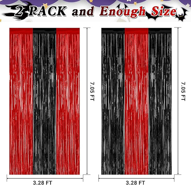 2 Pack Backdrop Curtains, 3.28 FT x 7.05 FT Black and Red Party Decor, Metallic Party Streamer Tinsel Foil Fringe Curtains, Foil Curtains Backdrop Halloween Decorations Party Supplies