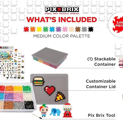 Pix Brix Pixel Art kit Puzzle Bricks - 3,000 Piece Pixel Art Container, 12 Color Medium Palette - Interlocking Building Bricks, Create 2D and 3D Builds Without Water or Glue - Stem Toys, Ages 6 Plus
