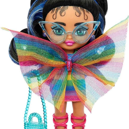 Barbie Extra Mini Minis with Blue-Streaked Black Ponytail Wearing Rainbow Dress & Accessories & Stand, 3.25-inch