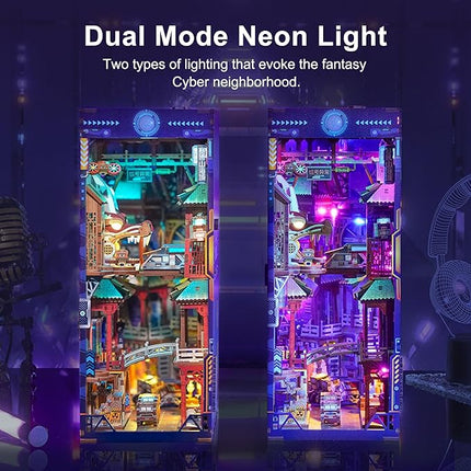 Tonecheer DIY Book Nook Kit for Adults, Wooden 3D Puzzle Bookend Bookshelf Insert Decor, Cyber Punk Booknook Miniature House Kit with Dust Cover and Body Motion Sensor LED (Cyber City)