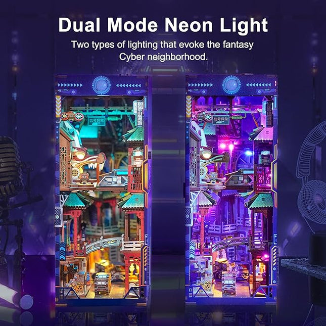 Tonecheer DIY Book Nook Kit for Adults, Wooden 3D Puzzle Bookend Bookshelf Insert Decor, Cyber Punk Booknook Miniature House Kit with Dust Cover and Body Motion Sensor LED (Cyber City)