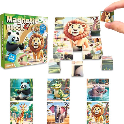 Magnetic Blocks Building Toy,Ritastar 25pcs Mine Stacking Magnet Build Cubes Cartoon Pattern World,STEM Sensory Construction Toys for Kids Gift,Educational Jigsaw Puzzle Set with 3D Zoo Animal Designs
