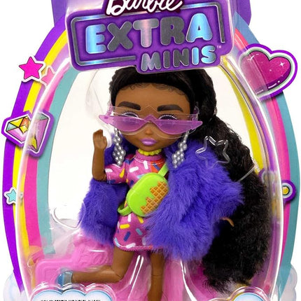 Barbie Extra Minis Doll #1 (5.5 in) Wearing Sprinkle-Printed Dress & Furry Coat with Doll Stand & Accessories Including Micro Sunglasses and Waist Bag, Gift for Kids 3 Years Old & Up