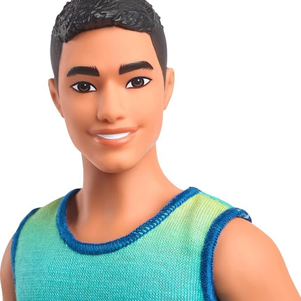 Barbie Fashionistas Ken Doll #236 with Black Hair, Wearing Blue and Green Ombre Tank with Jean Shorts and Silver Sneakers