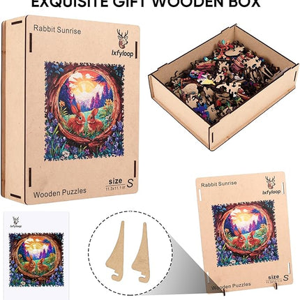 Rabbit Sunrise Wooden Puzzles, 200 Pieces Jigsaw Puzzles 11.3 x11.1 inch, Unique Design Wooden Puzzles for Adults and Kids, Family Game Gift