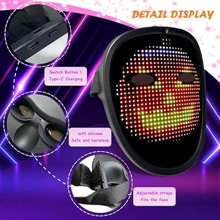 Led Mask with Gesture Sensing, Light up Face Transforming Mask for Halloween Xmas Costume Party