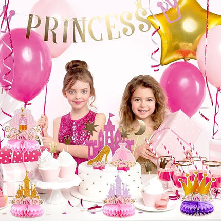 12 PCS Princess Party Honeycomb Centerpieces Decorations, Pink and Gold Party Table Topper Centerpieces for Girls Birthday Christmas Party (Princess Set)