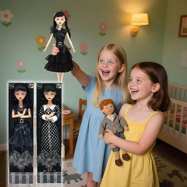 11.5'' Addams Doll, Black Dress, High Heels, and Hair, Christmas Decoration Perfect ChristmasToy Gift for Girls & Fans (F)