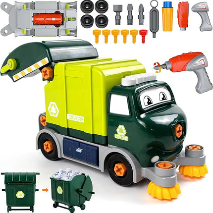 Trucks Take Apart Toys with Electric Drill, DIY Electric City Clean Truck Toy Set, Disassembly Garbage Truck Toys, Birthday Gifts for 3 4 5 6 7 8 Years Old Boys Girls