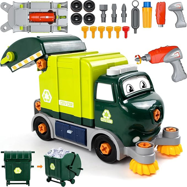 Trucks Take Apart Toys with Electric Drill, DIY Electric City Clean Truck Toy Set, Disassembly Garbage Truck Toys, Birthday Gifts for 3 4 5 6 7 8 Years Old Boys Girls