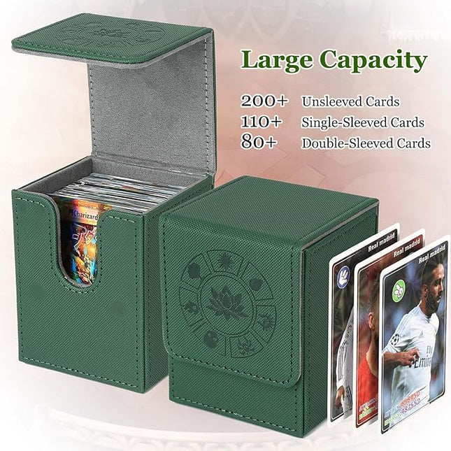 Arkeiliy MTG Deck Box with 50 Pcs Card Sleeve, 110+ Card Storage Leather Deck Box for Magic Commander, Collectible Trading Card Cases for Trading Card Games (Green)